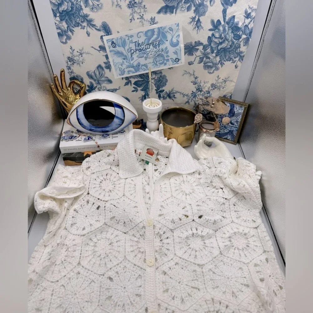 🆕 FARM Rio 🧿 NWOT White Semisheer Floral Button-Up Crochet Cover-Up Dress, L - Picture 2 of 15